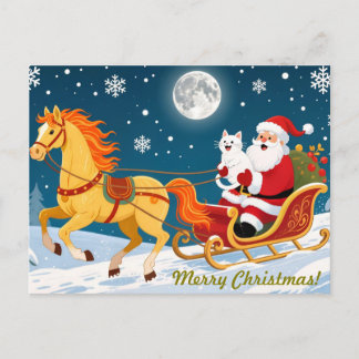 Christmas, New Year, Red Horse, Santa & White Cat Postcard