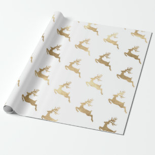 Christmas New Year White Golden Reindeer Wrapping Paper