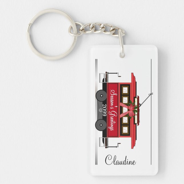 Christmas New Year's Red Tram Trolley Streetcar Key Ring (Front)