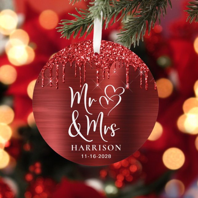 Christmas Newlywed Red Glitter Photo Metal Tree Decoration (Creator Uploaded)