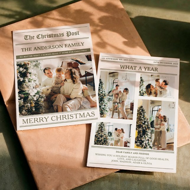 Christmas Newspaper Olive Green Photo What a Year Holiday Card (Creator Uploaded)