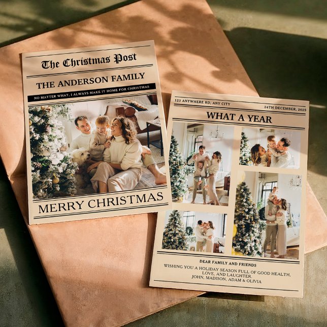 Christmas Newspaper Warm Beige Photo What a Year Holiday Card (Creator Uploaded)