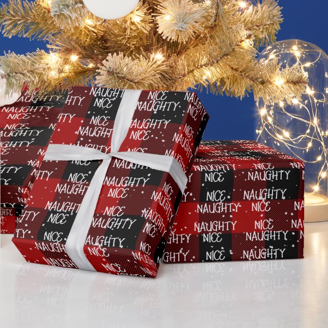 Christmas NICE NAUGHTY Text On Buffalo Plaid Wrapping Paper (Holidays)