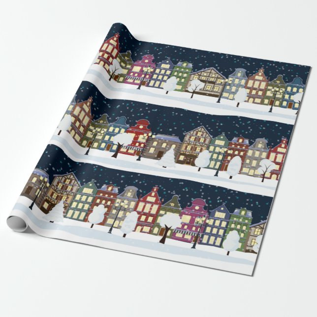 Christmas Night - City Snowfall Landscape Wrapping Paper (Unrolled)