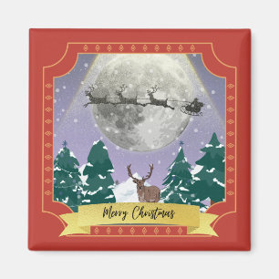 Christmas night diorama Santa reindeer sleigh Magnet