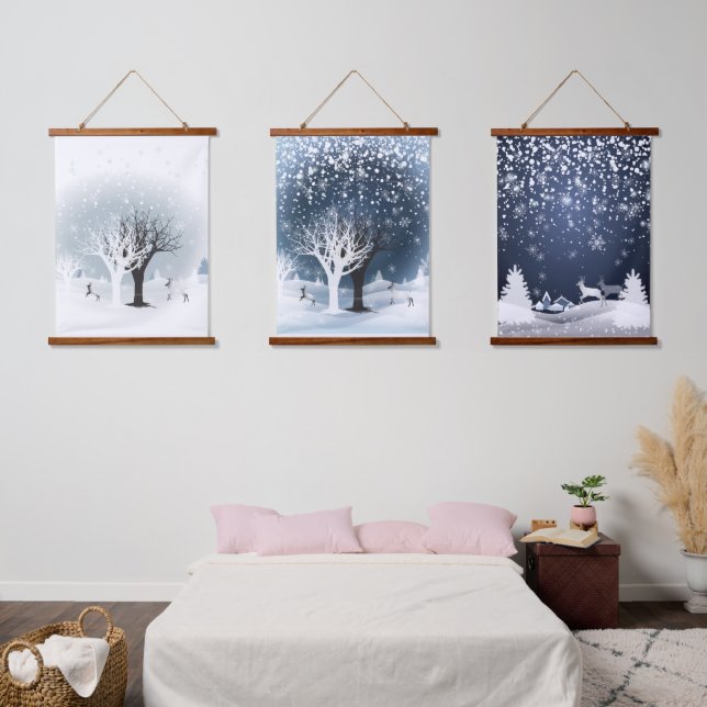 Christmas Night Fairy Tale. Fantasy Forest, Snow Hanging Tapestry (Bedroom)