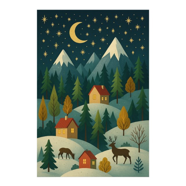 Christmas Night Mountain Village Art Photo Paper (Front)