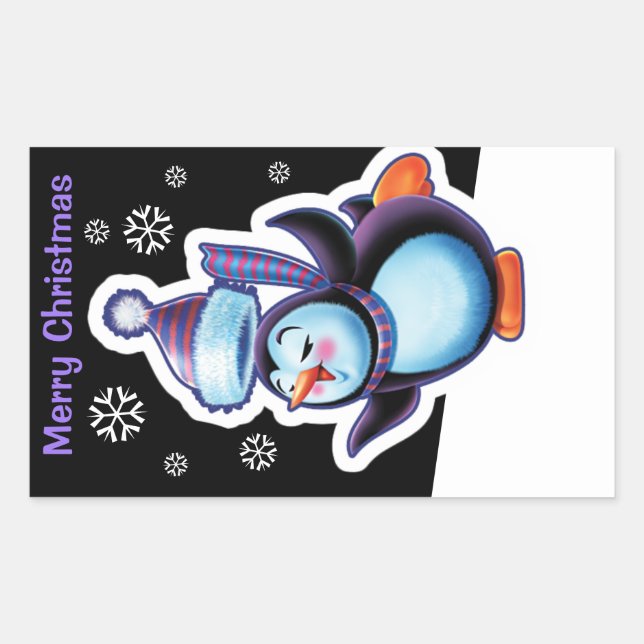 Christmas night rectangle sticker Penguin skater. (Front)