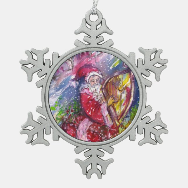 CHRISTMAS NIGHT /SANTA CLAUS PLAYING HARP SNOWFLAKE PEWTER CHRISTMAS ORNAMENT (Front)