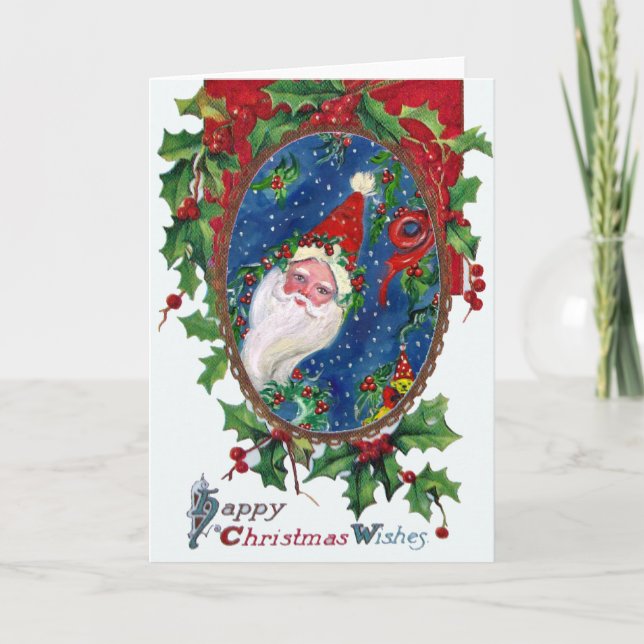 CHRISTMAS NIGHT / SANTA WITH HOLLYBERRY CROWN HOLIDAY CARD (Front)