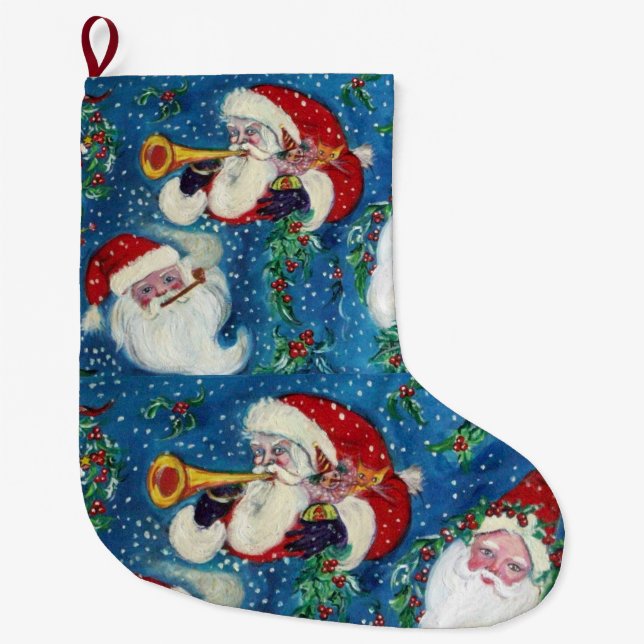 CHRISTMAS NIGHT SNOW AND SANTA PORTRAITS LARGE CHRISTMAS STOCKING (Front)