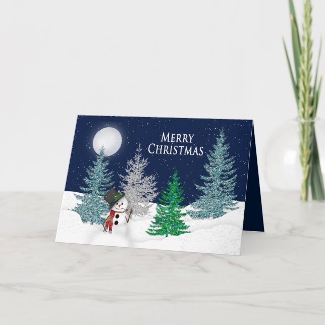 Christmas -  - Night Snow Scene & Snowman Holiday Card (Front)