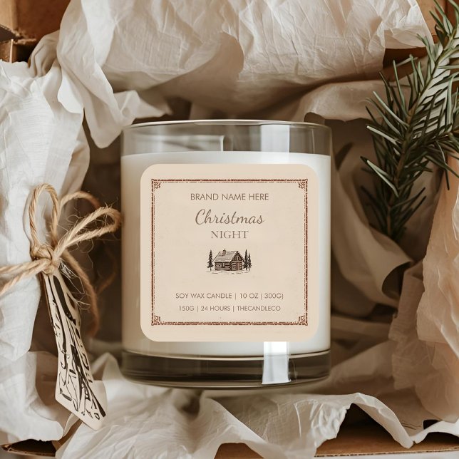 Christmas Night Vintage Cabin | Rustic Candle Square Sticker (Creator Uploaded)