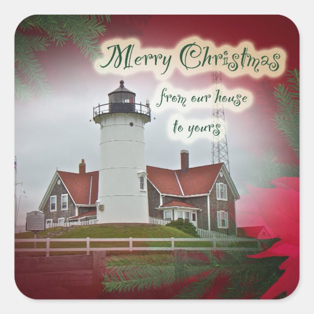 Christmas Nobska Point Lighthouse Square Sticker (Front)