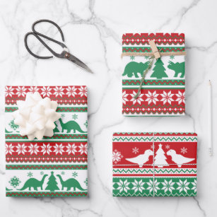 Christmas Nordic Fair Isle Dinosaurs Sweater Wrapping Paper Sheet