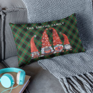 Christmas Nordic Family Gnomes Green Plaid  Lumbar Cushion