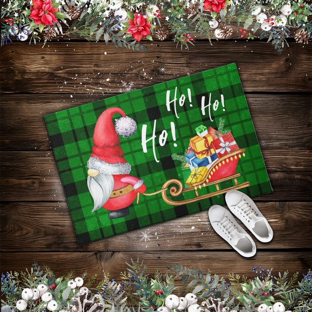 Christmas Nordic Gnome Santa Green Plaid  Doormat (Creator Uploaded)