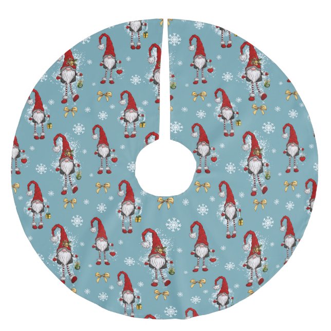 Christmas Nordic Gnomes Blue Pattern  Brushed Polyester Tree Skirt (Front)