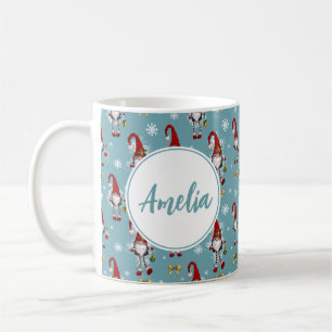 Christmas Nordic Gnomes Blue Pattern With Name  Coffee Mug