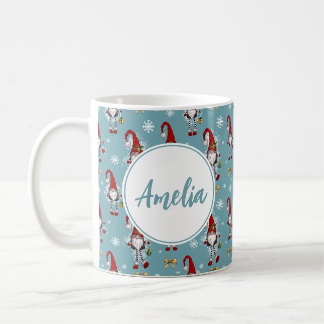 Christmas Nordic Gnomes Blue Pattern With Name  Coffee Mug (Left)