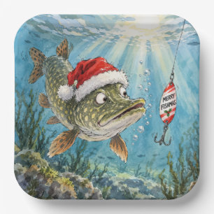 Christmas Northern Pike Fish with Santa Hat Paper Plate