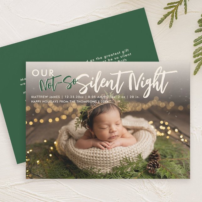Christmas Not Silent Night Green Funny Baby Photo Announcement (christmas family card baby announcement not so silent night cute funny humorous green)