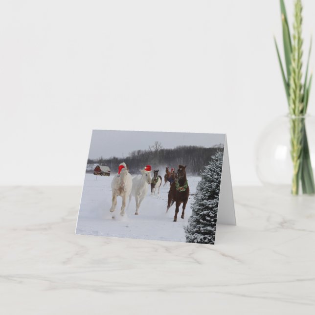Christmas note card of running horses