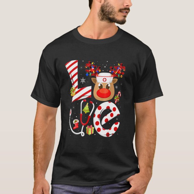 Christmas Nurse Love NICU RN ER Santa Reindeer Nur T-Shirt (Front)