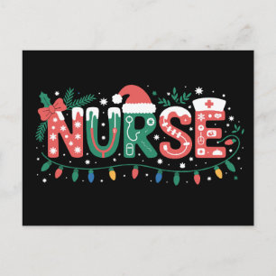 Christmas Nurse Santa Hat Stethoscope Bow Lights Holiday Postcard