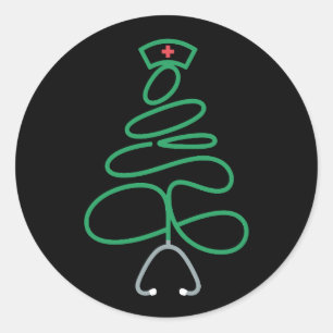 Christmas Nurse Stethoscope Tree Santa Hat Xmas Classic Round Sticker