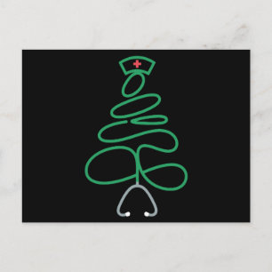 Christmas Nurse Stethoscope Tree Santa Hat Xmas Holiday Postcard