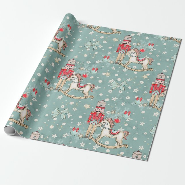 Christmas Nutcracker and rocking horse Wrapping Paper (Unrolled)