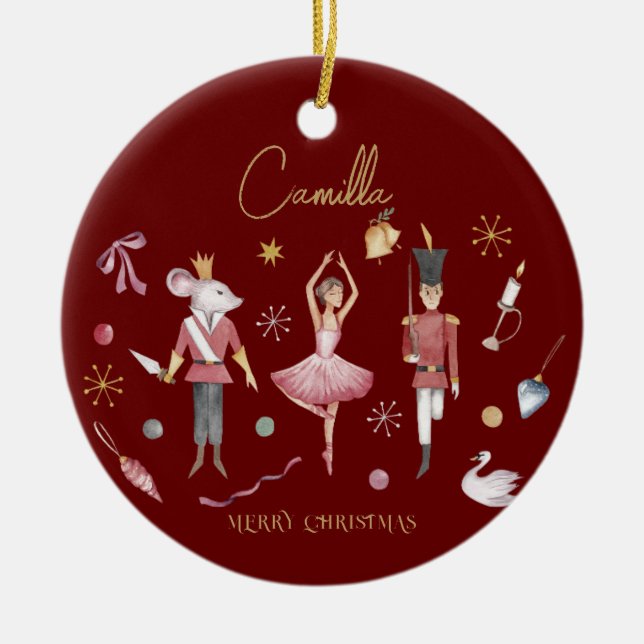 Christmas Nutcracker Ballerina Whimsical Kids Name Ceramic Ornament (Front)
