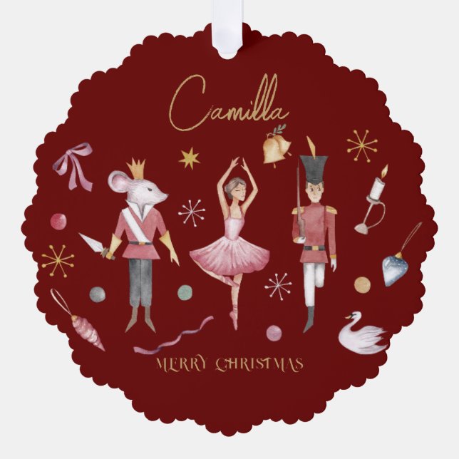 Christmas Nutcracker Ballerina Whimsical Kids Name Tree Decoration Card (Front)