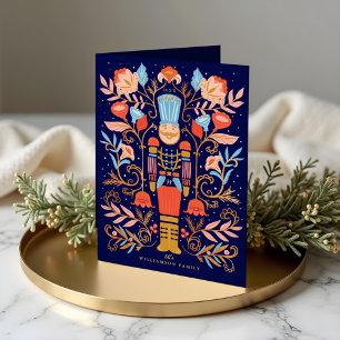 Christmas Nutcracker Floral Folk Art Deep Blue Holiday Card