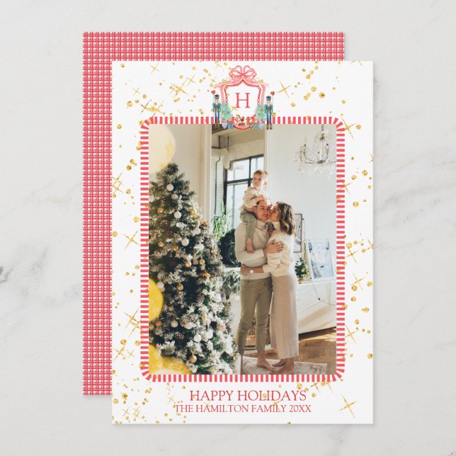 Christmas Nutcracker Monogram Photo Sparkle Holiday Card (Front/Back)
