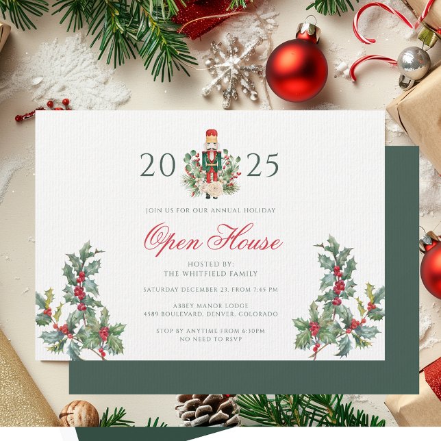 Christmas Nutcracker Open House Red Berries Invitation (Christmas Holidays Open House Party Invitation Red Berries with Nutcracker)