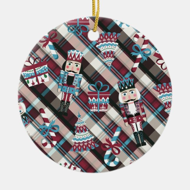 Christmas Nutcracker Plaid Blue Burgundy Ceramic Tree Decoration (Front)