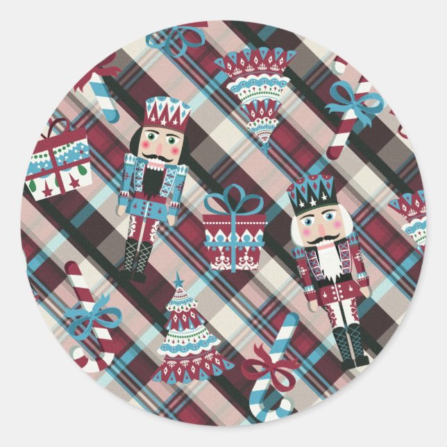 Christmas Nutcracker Plaid Blue Burgundy Classic Round Sticker (Front)
