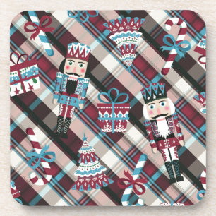 Christmas Nutcracker Plaid Blue Burgundy Coaster
