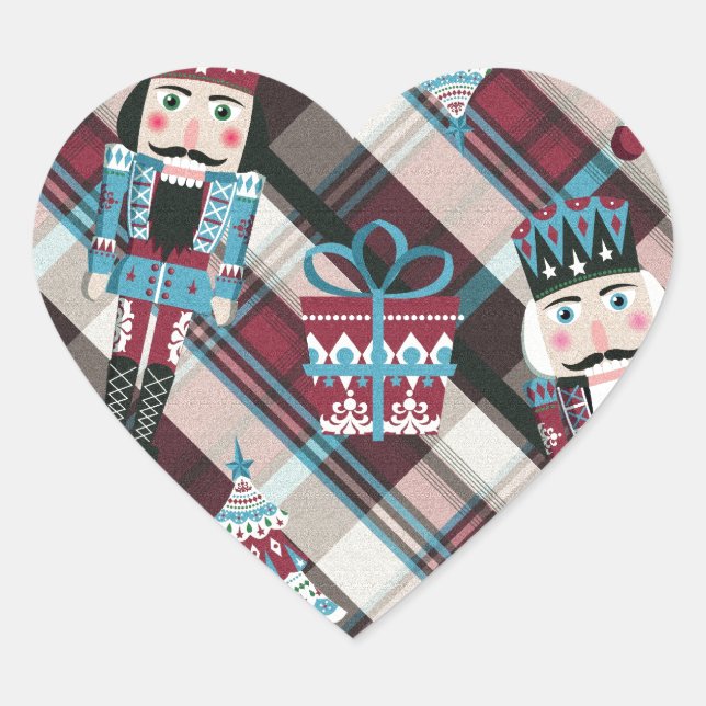 Christmas Nutcracker Plaid Blue Burgundy Heart Sticker (Front)