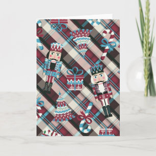 Christmas Nutcracker Plaid Blue Burgundy Holiday Card