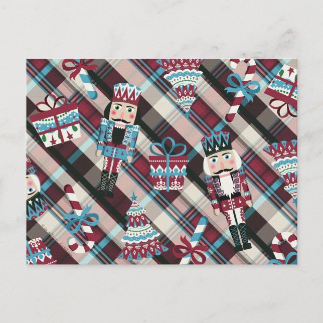 Christmas Nutcracker Plaid Blue Burgundy Holiday Postcard (Front)