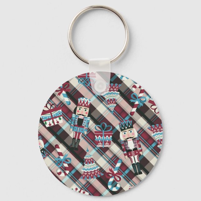 Christmas Nutcracker Plaid Blue Burgundy Key Ring (Front)