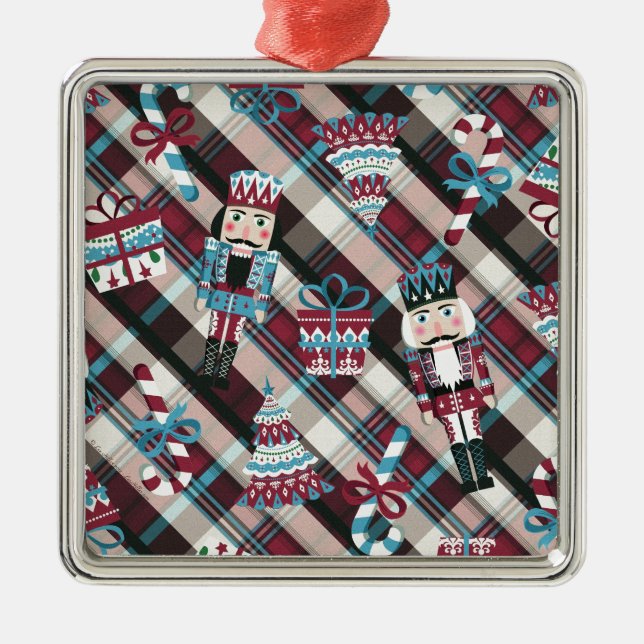 Christmas Nutcracker Plaid Blue Burgundy Metal Tree Decoration (Front)
