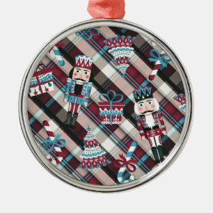 Christmas Nutcracker Plaid Blue Burgundy Metal Tree Decoration