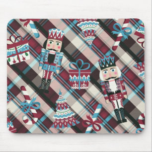Christmas Nutcracker Plaid Blue Burgundy Mouse Pad