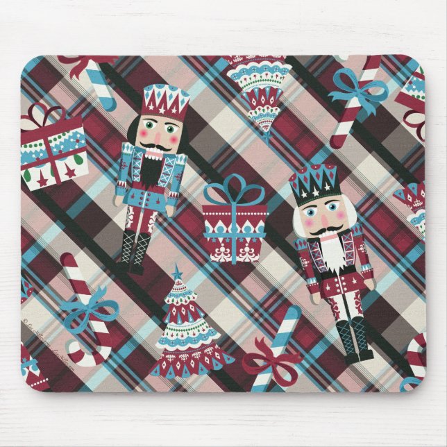 Christmas Nutcracker Plaid Blue Burgundy Mouse Pad (Front)