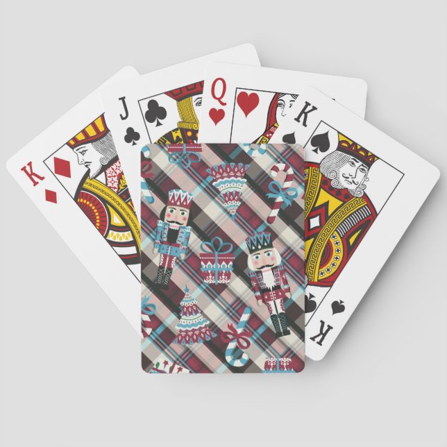 Christmas Nutcracker Plaid Blue Burgundy Playing Cards (Back)