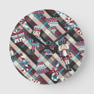 Christmas Nutcracker Plaid Blue Burgundy Round Clock
